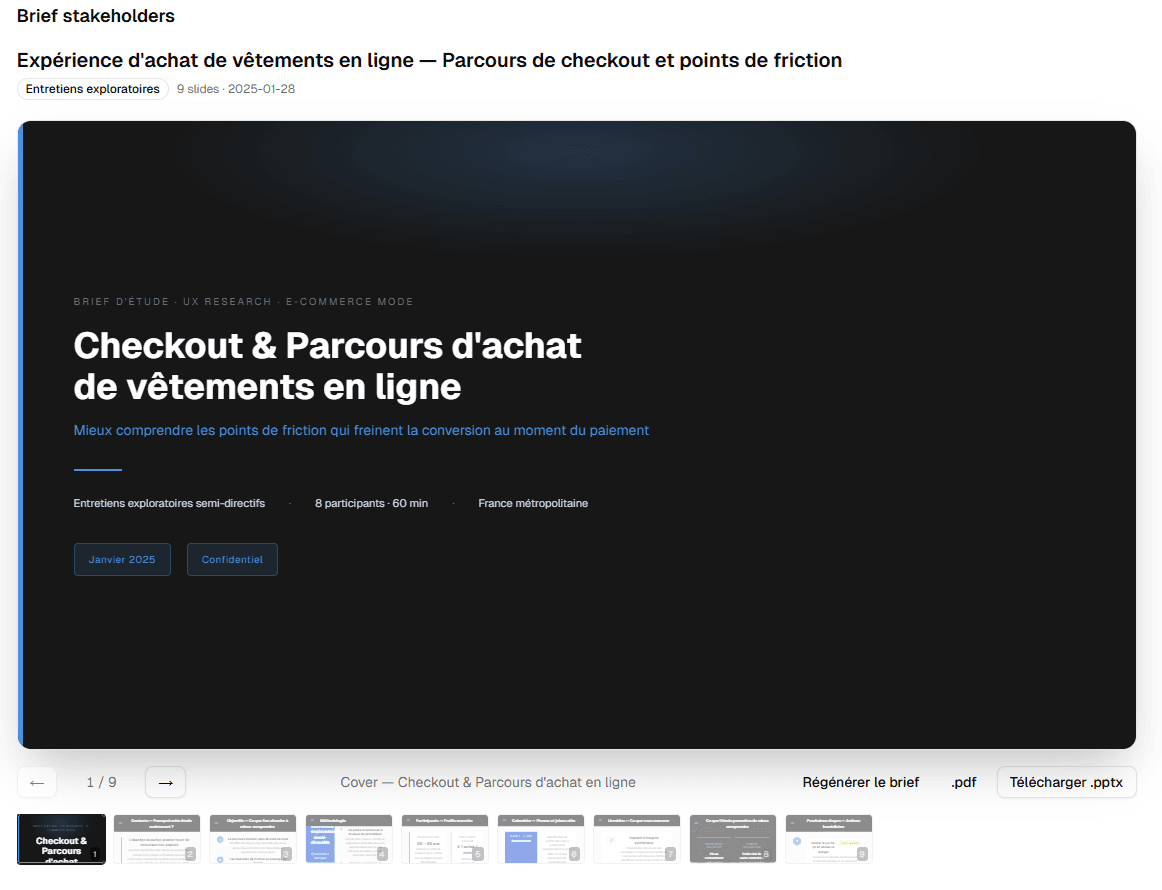 Brief Builder — 16:9 viewer with a context slide visible full screen, thumbnails at the bottom, previous/next navigation, PowerPoint and PDF export buttons
