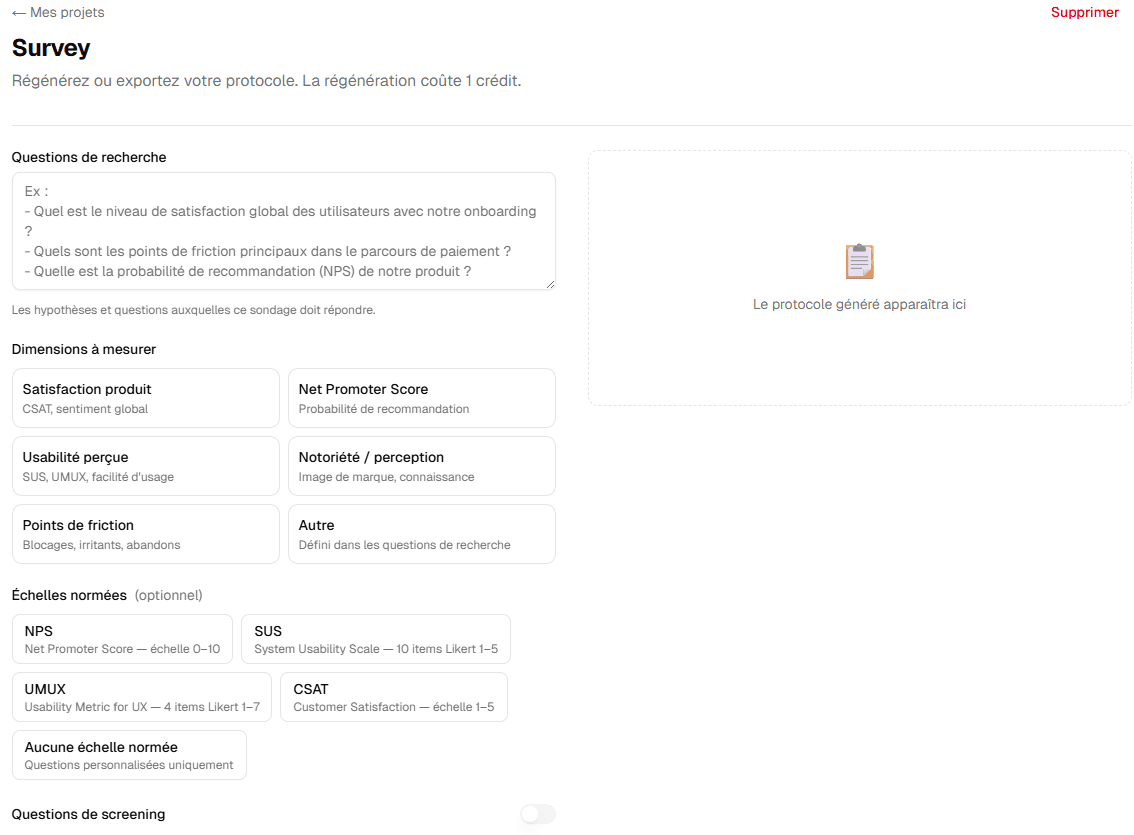 Protocol generation form — study type selector, product, objective, participants, duration and tasks fields filled in