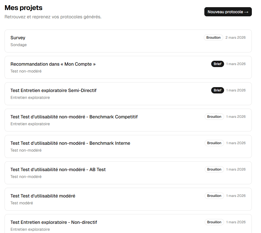 Projects space — list of cards with protocol_done or brief_done status badge, study type and creation date